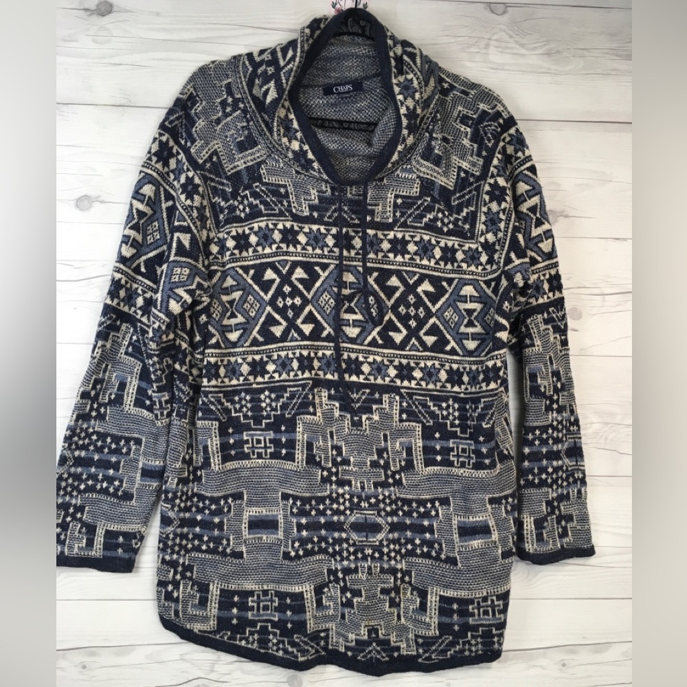 Womens Chaps Sweater Blue Cotton Aztec Southwest Cowl Funnel Neck Pullover 1X